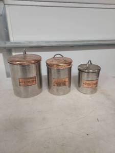 lot 3579 image: Hammered Stainless Steel and Copper Kitchen Canister Set