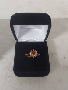 lot 3604 image: Ruby and Clear Crystal Ring in Box
