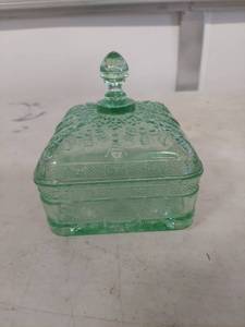 lot 3882 image: Green Glass Bee Pattern Honey Dish
