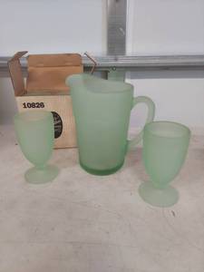 lot 3890 image: Tiara Exclusive Frosted Green Glass Pitcher and Goblet Set