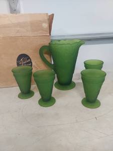 lot 3924 image: Tiara Exclusive Green Glass Pitcher and Tumblers Set