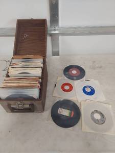 lot 3940 image: Collection of 45 RPM Records with Wooden Box