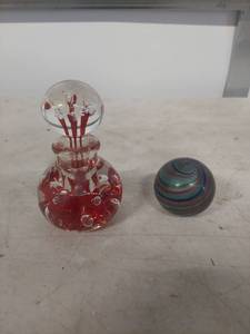 lot 3950 image: Hand Blown Glass Perfume Bottle and Artglass Ball