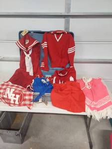 lot 3953 image: Red and White Cheerleader Uniform Set, Shawl and Sweater
