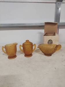 lot 4034 image: Tiara Amber Glass Cream and Sugar Set with Gravy Bowl