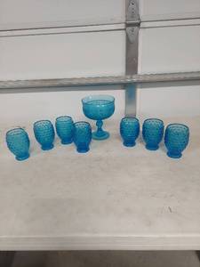 lot 4043 image: Blue Hobnail Glasses and Compote Set