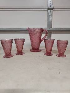 lot 4049 image: Tiara Pink Glass Floral Pattern Pitcher and Tumbler Set