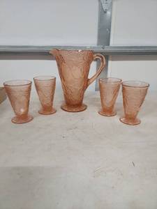 lot 4052 image: Pink Depression Glass Pitcher and Tumbler Set