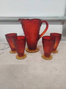 lot 4054 image: Red Glass Pitcher and Glasses Set Leaf Pattern