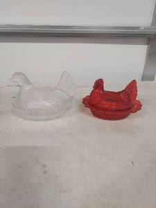 lot 4094 image: (2) Glass Hen on Nest Candy Dishes