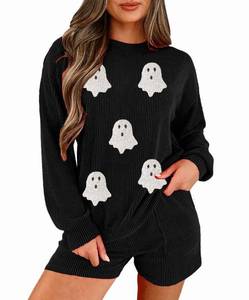lot 1010 image: Opemiby Womens Ribbed Pajama Sets Long Sleeve Top and Shorts Matching Lounge Set Loungewear Sweatsuit with Pockets Ghost S