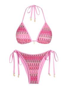 lot 1018 image: ZAFUL Womens Colorblock Stripes Triangle Halter Tied Cheeky Thong Bikini Set High Cut Two Piece Bathing Suit (2-Pink, M)
