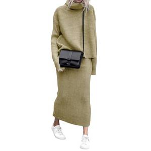 lot 1034 image: chouyatou Womens Turtleneck 2 Piece Outfits Ribbed Knit Sweater Midi Pencil Skirt Set (Medium, Khaki)