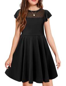 lot 1042 image: Yoklass Girls Dress Black Round Neck Ruffle Sleeve Mesh A Line School Church Dresses, 8-9 Years