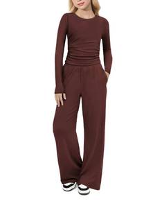 lot 1073 image: Arshiner Girls Clothing Set Fall Outfits 2 Piece Set Ruched Long Sleeve Top Wide Leg Pant Sweatsuit Loungwear Brown 8-9 Years