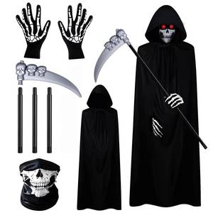 lot 1097 image: 4 PCS Halloween Grim Reaper Costume, Grim Reaper Scythe Death Scythe Staff,Skull Face Mask,Velvet Hooded Cape,Skeleton Hand Gloves,Unisex Men for Scary Cosplay Costume Props one size