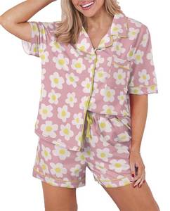 lot 1104 image: KevaMolly Womens Pajama Sets Pink White Flower Print Buttoned Drawstring Waist Lounge Set Short Sleeve Top and Shorts S