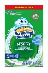 lot 1111 image: Scrubbing Bubbles Toilet Bowl Tablets, Continuous Clean Toilet Drop In Discs, Each Tablet Provides 4 Weeks of Protection Against Stains and Build Up, 5 Count (Pack of 1)