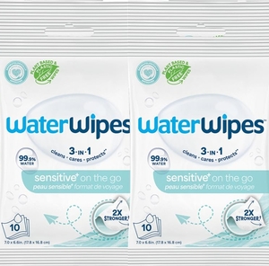 lot 1147 image: WaterWipes Sensitive On The Go Wipes, 3-In-1 Cleans, Cares, Protects, 99.9% Water, Unscented & Hypoallergenic Wet Wipes, 30 Count (3 Packs)