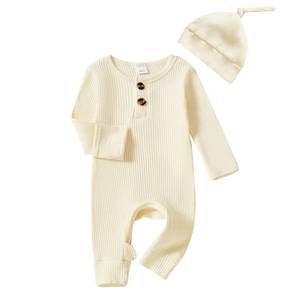 lot 1168 image: Infant Boys Girls Clothes Set Newborn Baby Romper Hat Ribbed Knit Long Sleeve Button Solid Bodysuit Jumpsuit (Cream, Newborn)