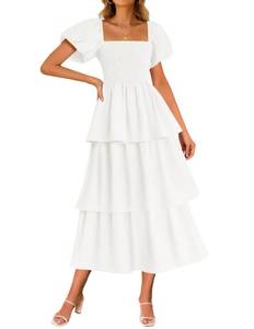 lot 1186 image: ZESICA Womens 2025 Summer Boho Midi Dress Short Puff Sleeve Flowy A Line Tiered Beach Vacation Long Dresses,White,X-Large