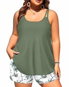lot 1199 image: Plus Size Tankini Swimsuits - Women Two Piece Tankini Top with Shorts Flowy Swimsuit 2025 Bathing Suits Green Palm Tree 20W