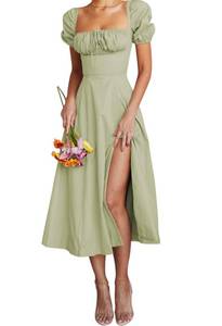 lot 1208 image: Linsery Midi Puff Sleeve Dress for Women Off The Shoulder Floral Midi Dresses Solid Green Medium