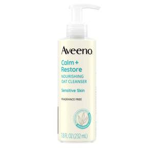 lot 1215 image: Aveeno Calm  Restore Facial Cleanser for Sensitive Skin, Hydrating Gentle Milky Face Cleanser with Nourishing Oat and Feverfew, Hypoallergenic Formula, Fragrance Free, 7.8 fl oz