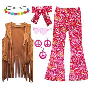 lot 1220 image: XonyiCos 8 Pcs 60s 70s Hippie Costume Disco Outfits Fringe Vest Boho Bell Bottoms Hippie Outfits Accessories Set (Brown, Adult Small)