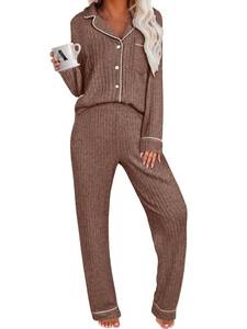 lot 1225 image: ANRABESS Women Pajama Lounge Sets 2025 Fall 2 Piece Outfits Ribbed Long Sleeve Matching PJ Set Sleepwear Loungewear Brown Medium