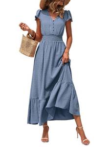 lot 1227 image: PRETTYGARDEN Womens 2025 Spring Swiss Dot Maxi Dress Short Sleeve V Neck Smocked Waist Ruffle Tiered Flowy Long Party Dresses(Grey Blue, Medium)