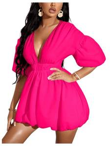 lot 1235 image: WDIRARA Womens Deep V Neck Puff Sleeve High Rise Flare Dress Elastic Waist Dress Hot Pink Solid Small