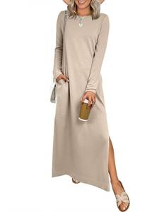 lot 1255 image: ANRABESS Women Long Sleeve Dresses 2025 Fall Casual Crewneck Loose Fit Split Flowy Wrinkle-Free Travel Vacation Maxi Dress Khaki X-Large
