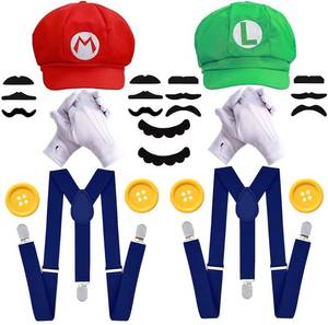 lot 1264 image: ratote Mary and Luigi Costume Set Cosplay Accessories Kit with Hats, Gloves, Suspenders, Buttons, Mustaches Funny Couple Outfits for Adult Men and Women