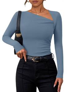 lot 1295 image: ZESICA Womens Long Sleeve Tops 2026 Fall Asymmetrical Neck Slim Fitted Chunky Y2K Knit Shirts Clothes,Dusty Blue,Small