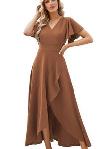 lot 1297 image: Formal Dresses for Women,Gowns Evening Party Cocktail Dress,Long Split Elegant V Neck Wrap Ruffle Wedding Guest A-line Dresses Coffee-L
