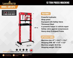 lot 5074 image: W&nbsp(LDH-SP12) LandHonor - 12 Ton Shop Press - Unused