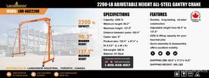 lot 5364 image: (LHR-AGC2200) Land Honor - 2200lb All-Steel Gantry Crane - Unused