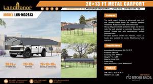 lot 5366 image: (LHR-MC2613) LandHonor - 26 x 13 Ft Metal Carport - Unused