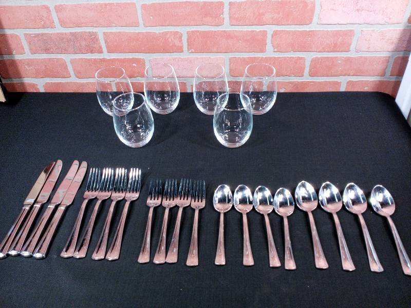 lot 168 image: Stemless Wine Glasses & Flatware Lot