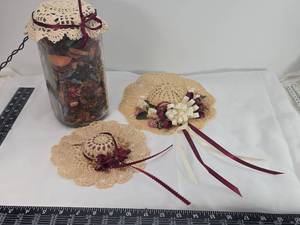 lot 113 image: Decorated Glass Jar with LED Lights and Lace Doily Set