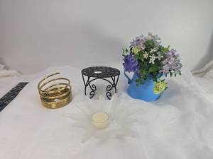lot 114 image: Gold Spiral votive holder Ring with Mosaic Stand and fake flower pot