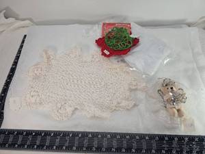 lot 128 image: Holiday Crochet Doily Set with Angel Bear Ornament