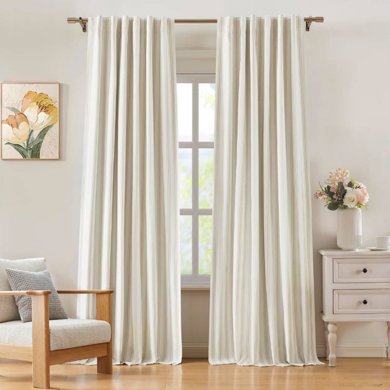 lot 48120 image: (UNUSED) ZJDECOR Beige Stripe Blackout Curtains 90 Inch for Bedroom,Ticking Stripe on White Cotton Blend Light Filtering with White Liner,Modern Darkening Window Treatment,Back Tab Rod Pocket,55 Wx90 Lx2 - Retail $66