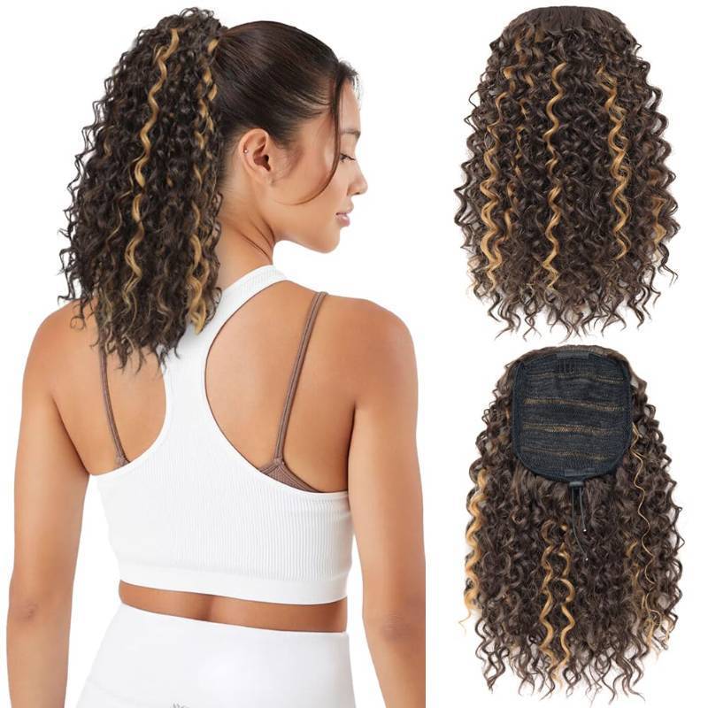 lot 51617 image: FACTORY SEALED - LOSMOEER Ponytail Extension 10 Inch Drawstring Ponytail Hair Extensions for Women Brown with Honey Blonde Highlights Short Kinky Curly Ponytail Fake Hairpiece Daily Party Use