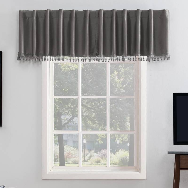 lot 51676 image: (UNUSED) Sun Zero Greyson Faux Dupioni Silk Beaded Tassels Thermal Extreme Total Blackout Back Tab Curtain Valance, 50 x 17 Gray