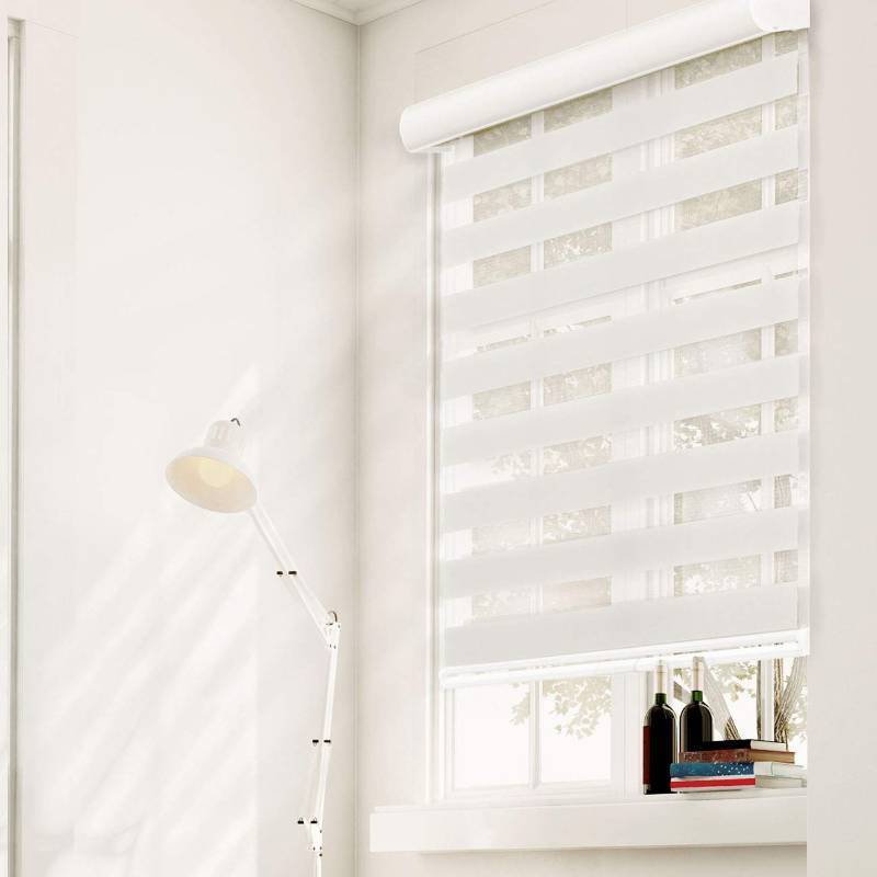lot 51706 image: (UNUSED) Chicology Temporary Cordless Paper Shades  Combi Blind Curtain Drape, Dual Layer, Sheer or Privacy - Striped Dove, 48W X 72H (3 Included)
