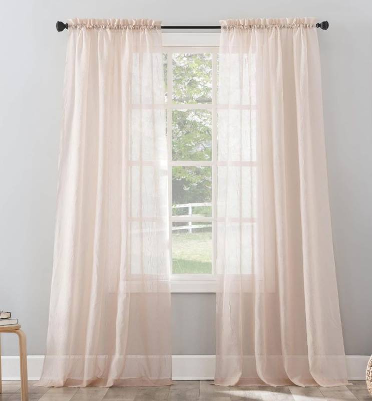 lot 51869 image: FACTORY SEALED - No. 918 Emily Sheer Voile Rod Pocket Curtain Panel, 59 x 63 Whisper Pink 2 Panels
