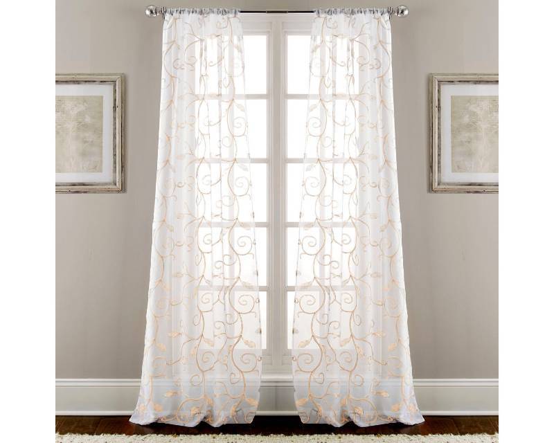 lot 51895 image: Modern Threads Leaf Swirl Embroidered Sheet Panel Curtains 2 Panels Taupe 37x84