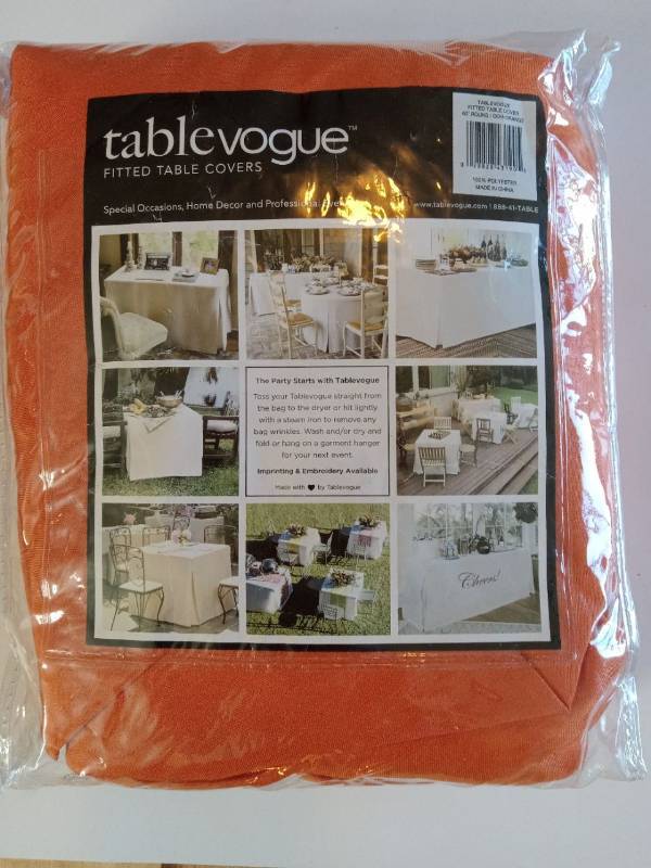 lot 51898 image: (UNUSED) Tablevogue Full Length Fitted Machine Washable Event Tablecloth Cover. Orange 60-Inch Round Fitted Table Cover.
